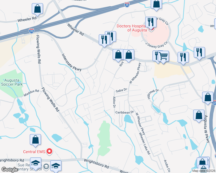 map of restaurants, bars, coffee shops, grocery stores, and more near 1242 Roy Street in Augusta