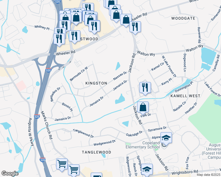 map of restaurants, bars, coffee shops, grocery stores, and more near 3518 Nassau Drive in Augusta