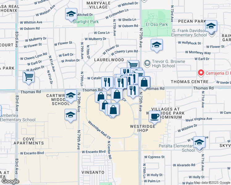 map of restaurants, bars, coffee shops, grocery stores, and more near 7609 West Thomas Road in Phoenix