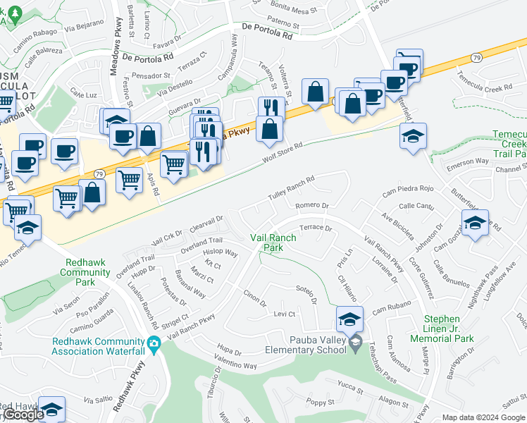 map of restaurants, bars, coffee shops, grocery stores, and more near 44570 Pascual Circle in Temecula