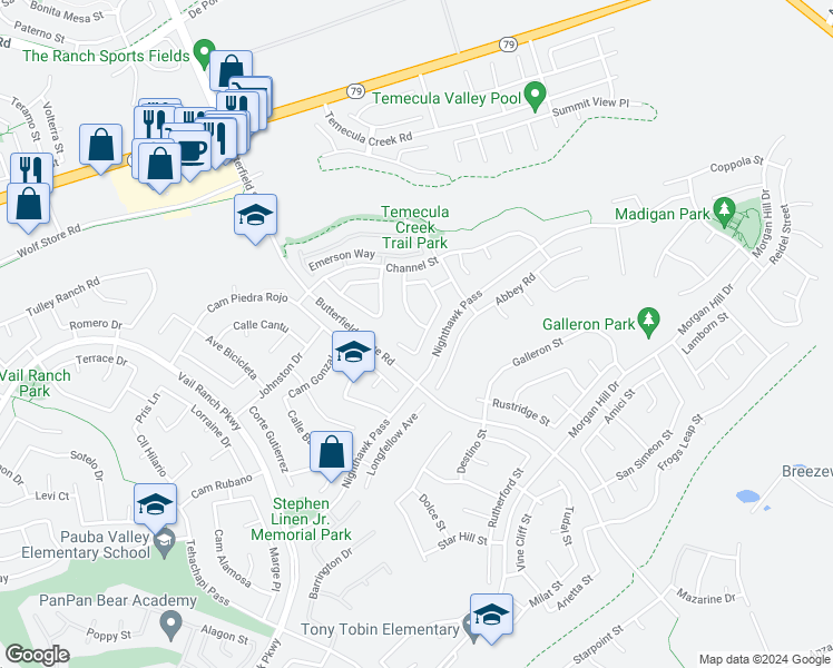 map of restaurants, bars, coffee shops, grocery stores, and more near 44475 Kingston Drive in Temecula