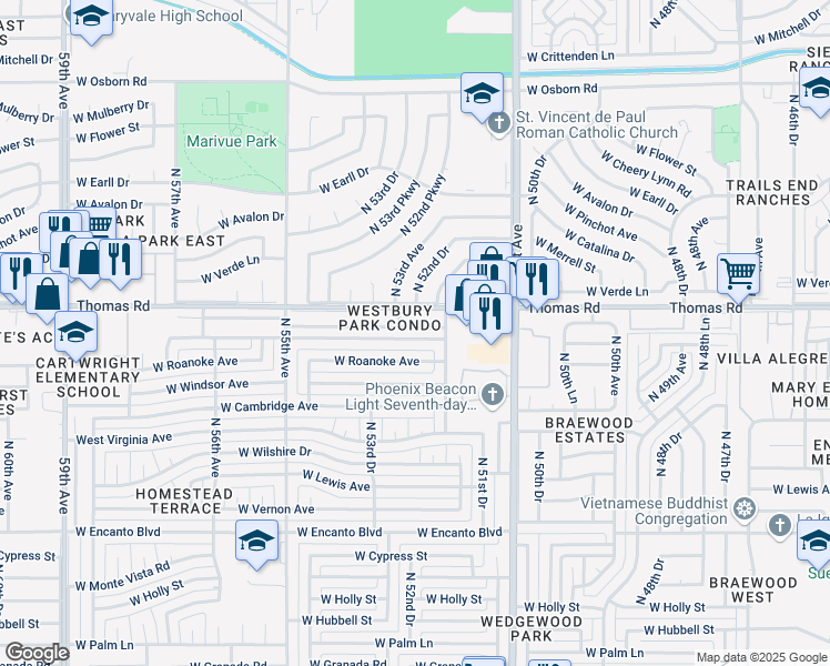 map of restaurants, bars, coffee shops, grocery stores, and more near 5226 West Edgemont Avenue in Phoenix