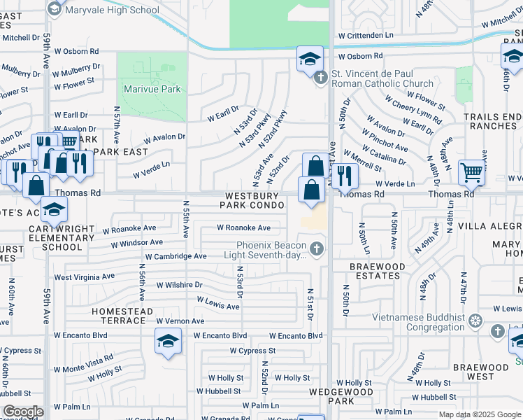 map of restaurants, bars, coffee shops, grocery stores, and more near 5226 West Edgemont Avenue in Phoenix