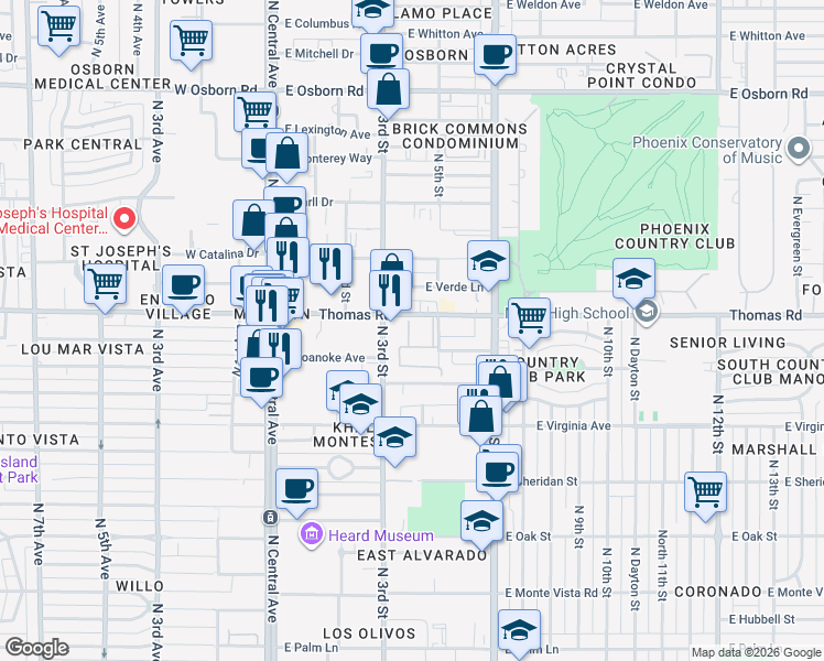 map of restaurants, bars, coffee shops, grocery stores, and more near 355 East Thomas Road in Phoenix