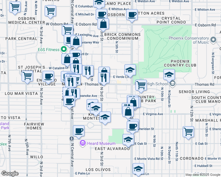 map of restaurants, bars, coffee shops, grocery stores, and more near 355 East Thomas Road in Phoenix