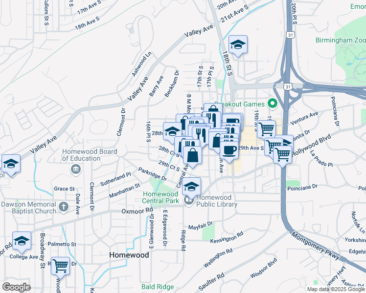 map of restaurants, bars, coffee shops, grocery stores, and more near 1665 28th Avenue South in Birmingham