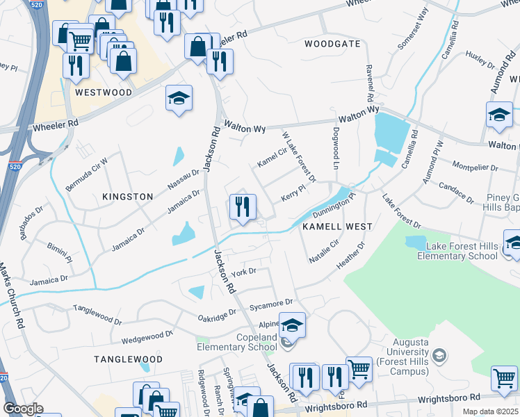 map of restaurants, bars, coffee shops, grocery stores, and more near 856 Wimbledon Drive in Augusta