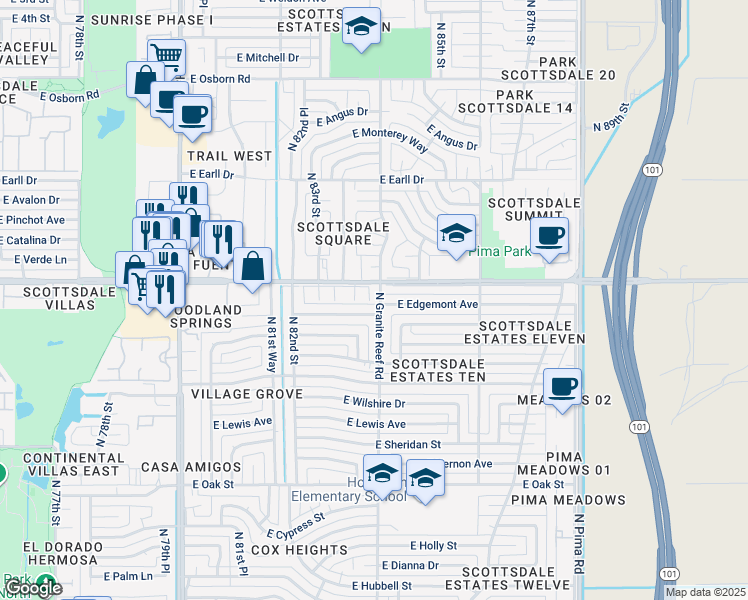 map of restaurants, bars, coffee shops, grocery stores, and more near in Scottsdale