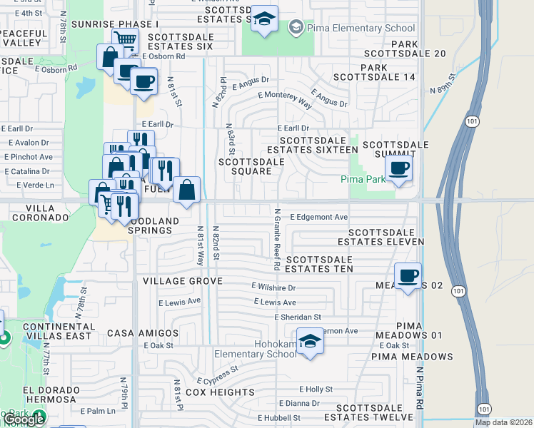 map of restaurants, bars, coffee shops, grocery stores, and more near 8331 East Thomas Road in Scottsdale