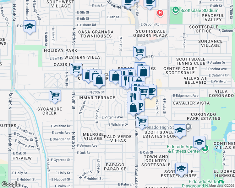 map of restaurants, bars, coffee shops, grocery stores, and more near 2837 North 71st Place in Scottsdale