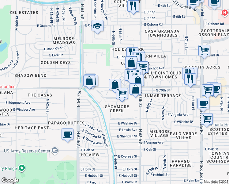 map of restaurants, bars, coffee shops, grocery stores, and more near 6565 East Thomas Road in Scottsdale