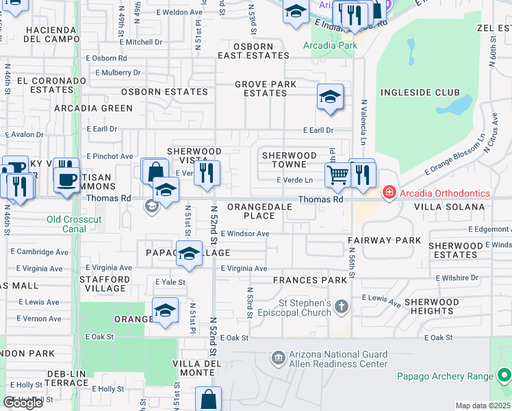 map of restaurants, bars, coffee shops, grocery stores, and more near 5227 East Thomas Road in Phoenix