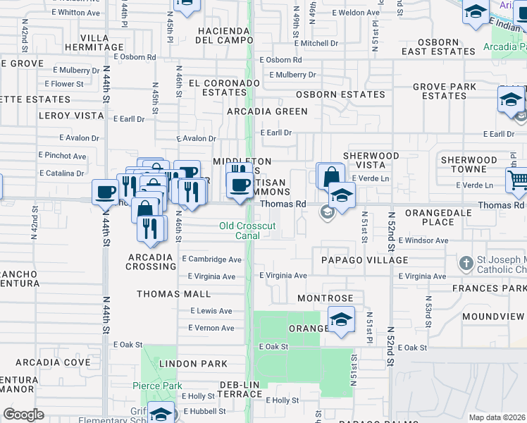 map of restaurants, bars, coffee shops, grocery stores, and more near 4747 East Thomas Road in Phoenix