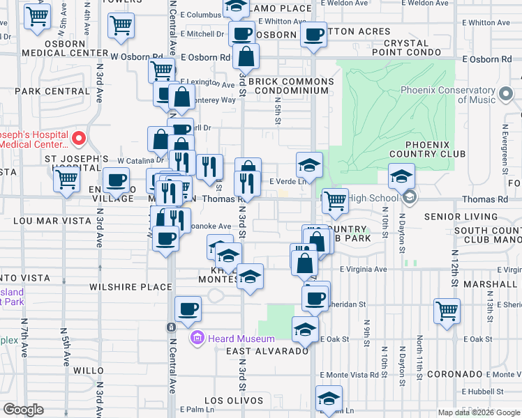 map of restaurants, bars, coffee shops, grocery stores, and more near 355 East Thomas Road in Phoenix