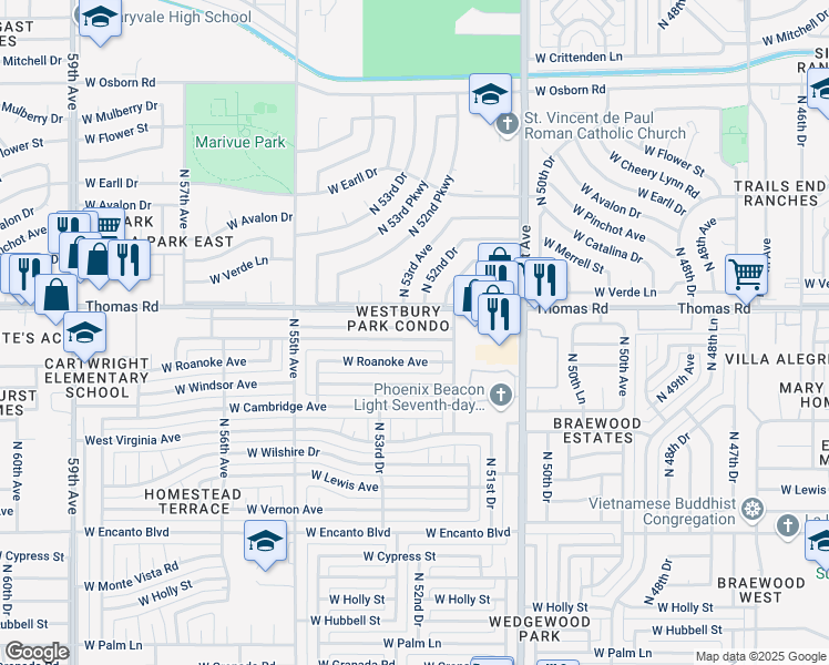map of restaurants, bars, coffee shops, grocery stores, and more near 5226 West Edgemont Avenue in Phoenix