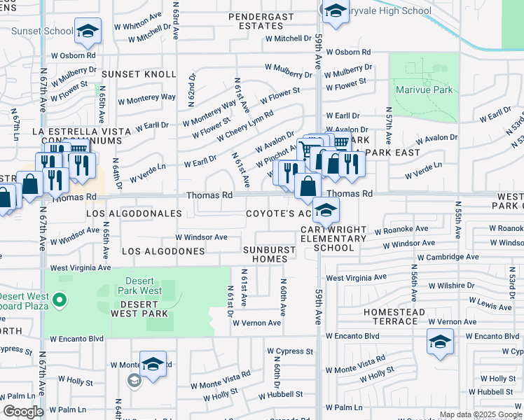 map of restaurants, bars, coffee shops, grocery stores, and more near 6041 West Thomas Road in Phoenix