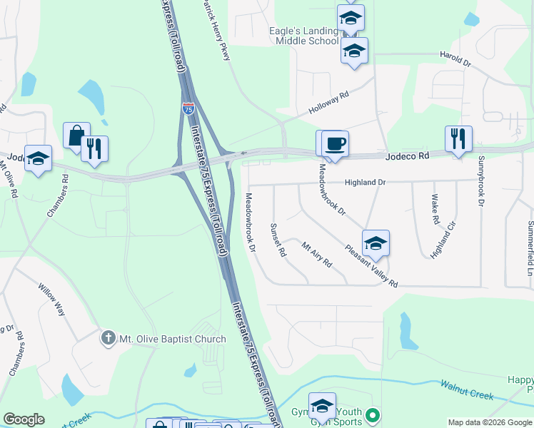 map of restaurants, bars, coffee shops, grocery stores, and more near 40 Sunset Road in McDonough
