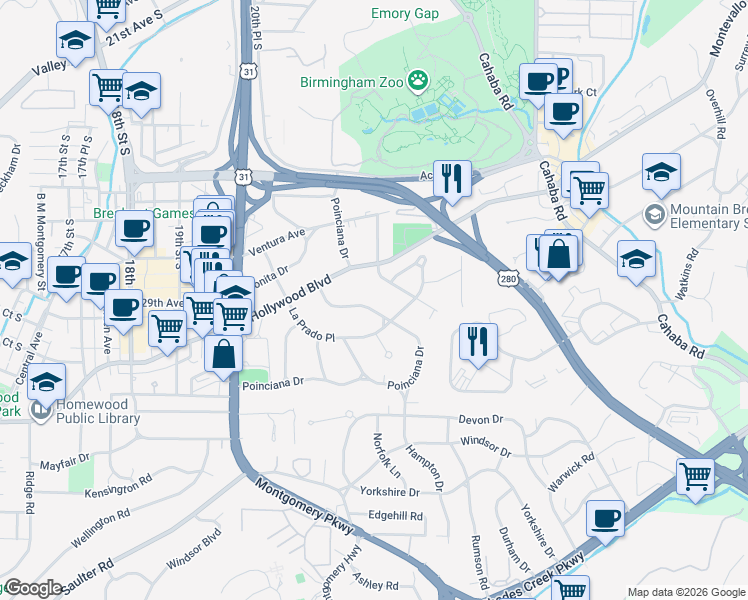 map of restaurants, bars, coffee shops, grocery stores, and more near 210 Malaga Avenue in Birmingham