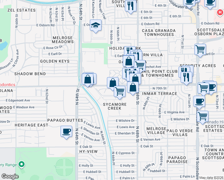 map of restaurants, bars, coffee shops, grocery stores, and more near 6565 East Thomas Road in Scottsdale