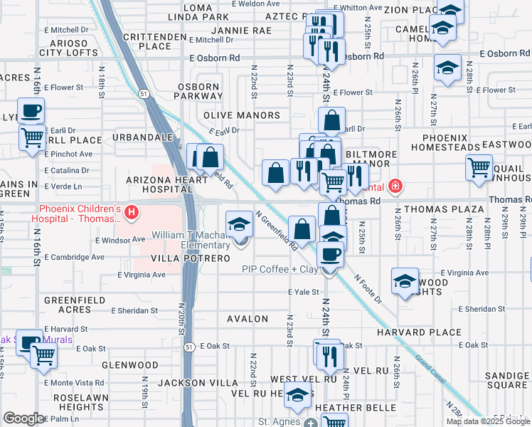 map of restaurants, bars, coffee shops, grocery stores, and more near 2865 North Greenfield Road in Phoenix