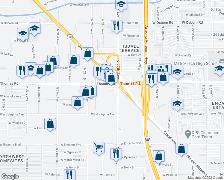 map of restaurants, bars, coffee shops, grocery stores, and more near 2836 North 27th Avenue in Phoenix