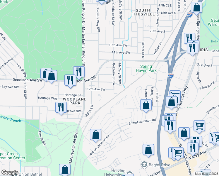 map of restaurants, bars, coffee shops, grocery stores, and more near 129 16th Avenue Southwest in Birmingham
