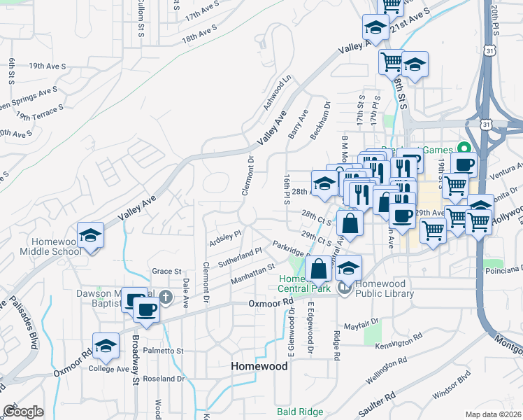 map of restaurants, bars, coffee shops, grocery stores, and more near 1523 Bellview Circle in Birmingham
