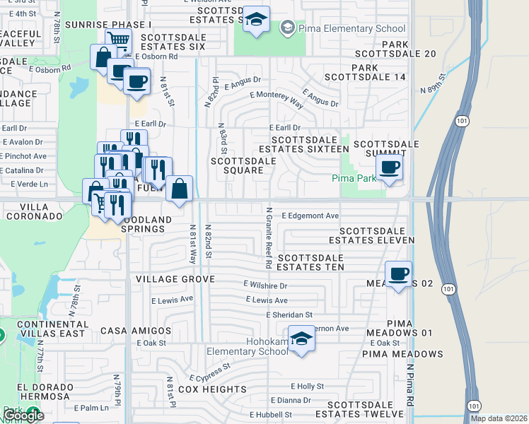 map of restaurants, bars, coffee shops, grocery stores, and more near in Scottsdale