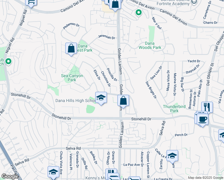 map of restaurants, bars, coffee shops, grocery stores, and more near 33262 Christina Drive in Dana Point