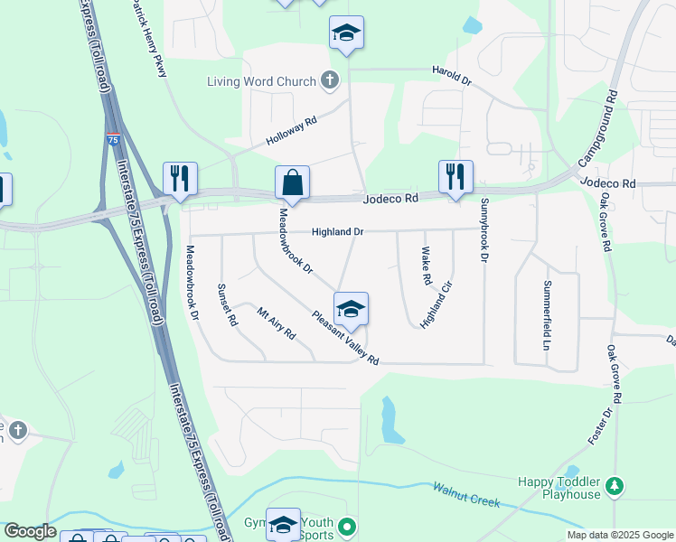map of restaurants, bars, coffee shops, grocery stores, and more near 40 Brook Valley Drive in McDonough