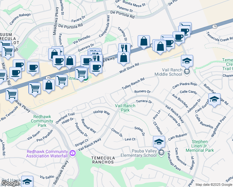 map of restaurants, bars, coffee shops, grocery stores, and more near 32769 Tulley Ranch Road in Temecula
