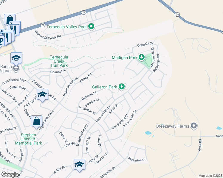 map of restaurants, bars, coffee shops, grocery stores, and more near 34116 Galleron Street in Temecula