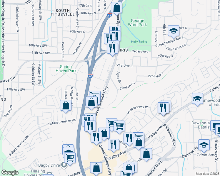 map of restaurants, bars, coffee shops, grocery stores, and more near 2217 Green Springs Highway in Birmingham