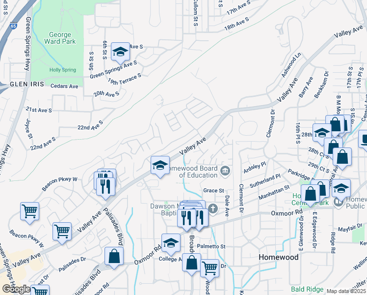 map of restaurants, bars, coffee shops, grocery stores, and more near 919 Mansard Drive in Homewood