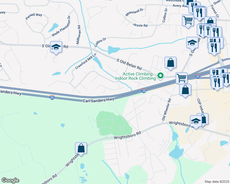 map of restaurants, bars, coffee shops, grocery stores, and more near 4516 Caliburn Way in Grovetown