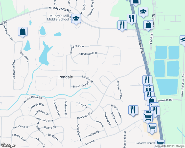 map of restaurants, bars, coffee shops, grocery stores, and more near 10091 Brass Ring Road in Jonesboro