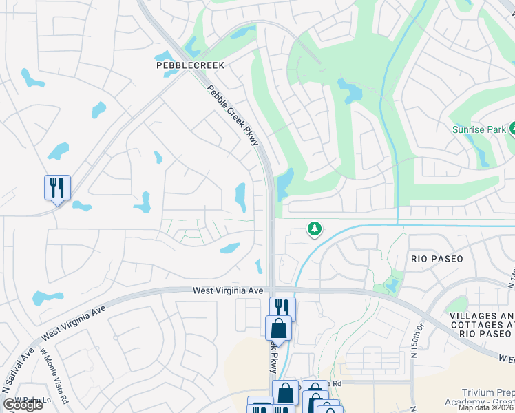 map of restaurants, bars, coffee shops, grocery stores, and more near 15547 West Merrell Street in Goodyear