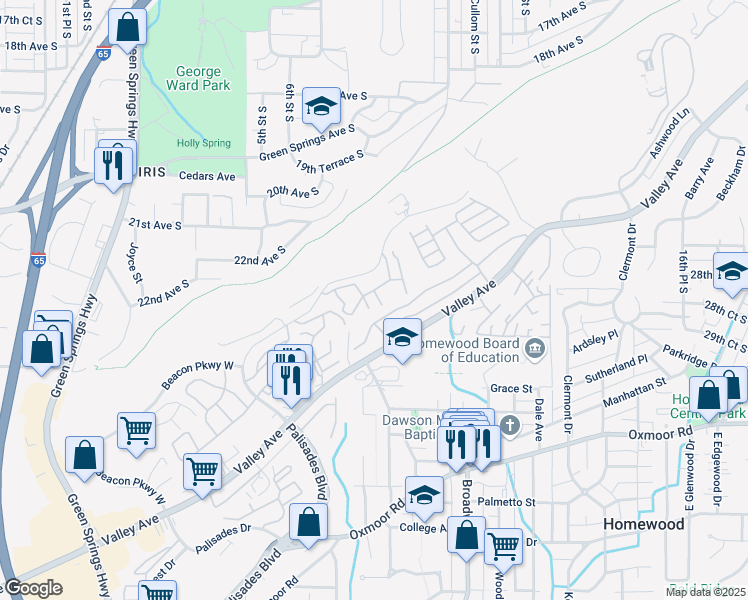 map of restaurants, bars, coffee shops, grocery stores, and more near 1221 Beacon Parkway East in Birmingham