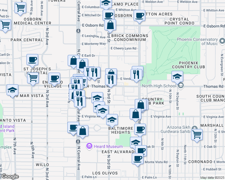 map of restaurants, bars, coffee shops, grocery stores, and more near 2838 North 3rd Street in Phoenix