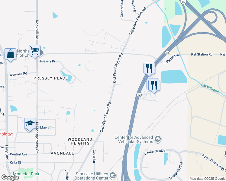 map of restaurants, bars, coffee shops, grocery stores, and more near Old West Point Road in Starkville