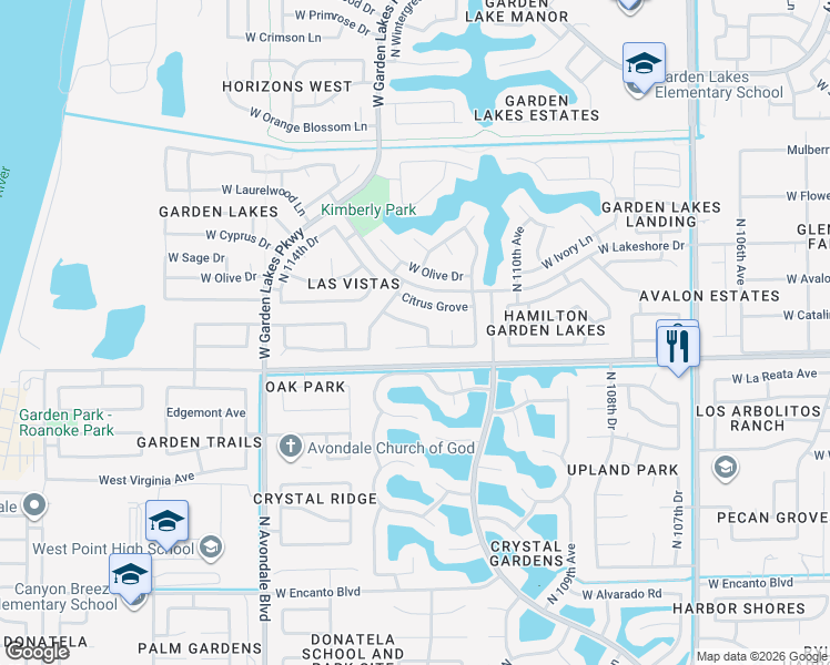 map of restaurants, bars, coffee shops, grocery stores, and more near 11206 West Bermuda Drive in Avondale