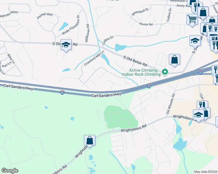 map of restaurants, bars, coffee shops, grocery stores, and more near 4534 Caliburn Way in Grovetown