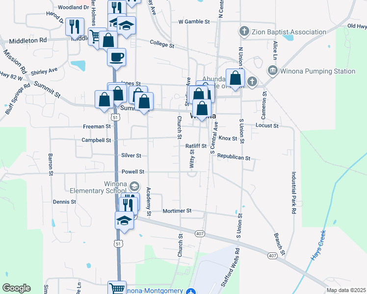 map of restaurants, bars, coffee shops, grocery stores, and more near 299 Church Street in Winona