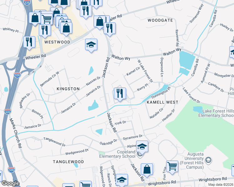 map of restaurants, bars, coffee shops, grocery stores, and more near 646 Center Court Drive in Augusta