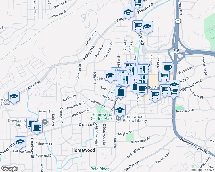 map of restaurants, bars, coffee shops, grocery stores, and more near 1636 28th Court South in Birmingham