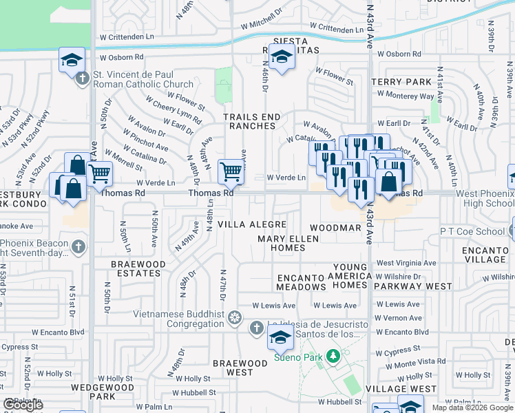 map of restaurants, bars, coffee shops, grocery stores, and more near 2846 North 46th Avenue in Phoenix