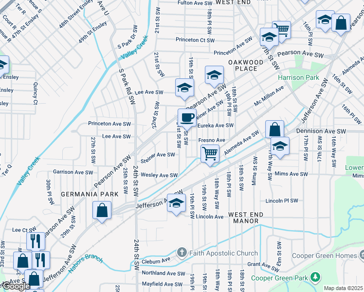 map of restaurants, bars, coffee shops, grocery stores, and more near 925 21st Street Southwest in Birmingham
