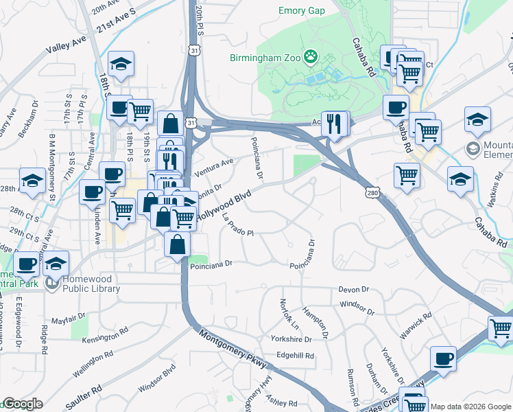 map of restaurants, bars, coffee shops, grocery stores, and more near 213 Poinciana Drive in Birmingham