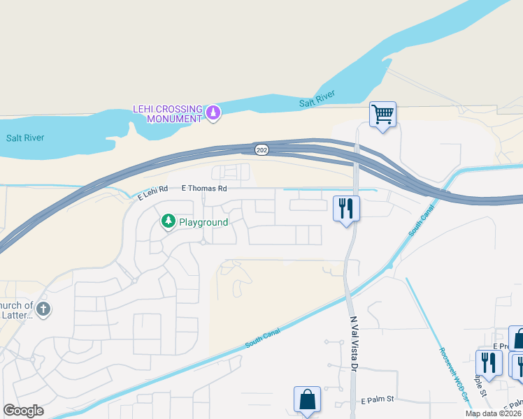 map of restaurants, bars, coffee shops, grocery stores, and more near 3323 East Rochelle Street in Mesa
