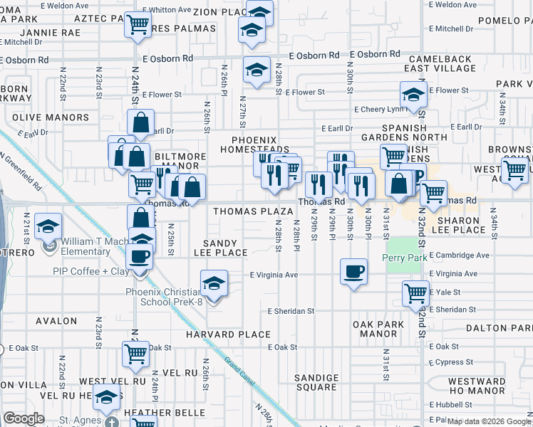 map of restaurants, bars, coffee shops, grocery stores, and more near 2701 East Thomas Road in Phoenix